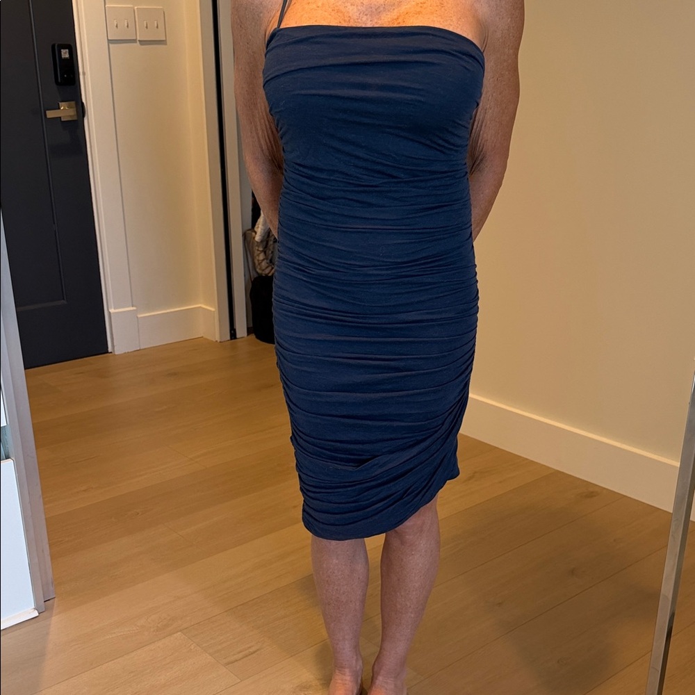 Max Studio Strapless Navy Ruched Midi Dress